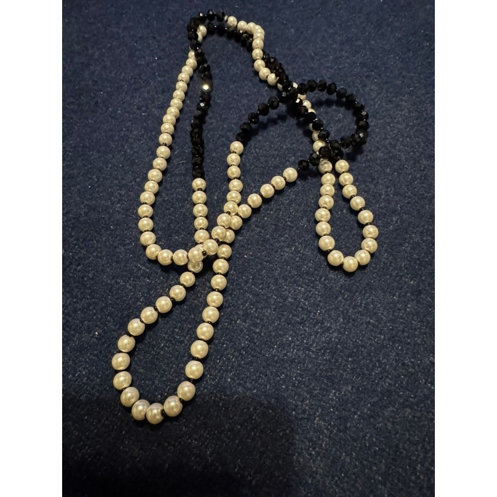 Vintage Style Black and White Faux Pearl Beaded Opera Length Necklace 50in